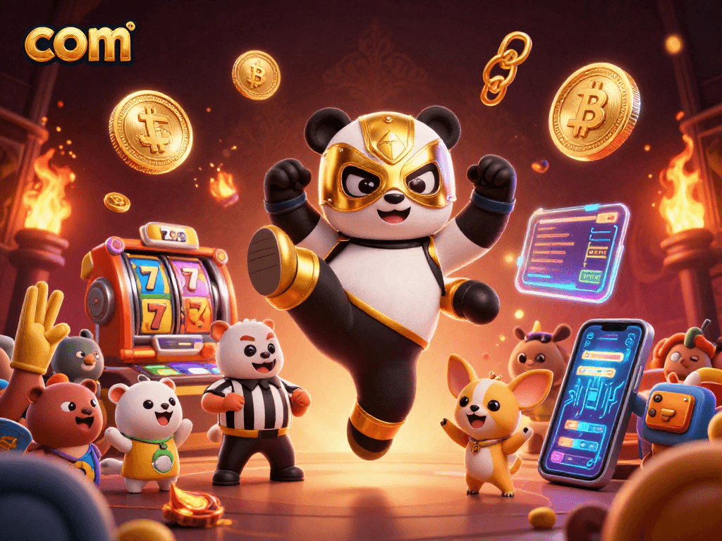 Engage in thrilling slot gaming at com with a dynamic scene featuring a wrestler panda and vibrant casino elements.
