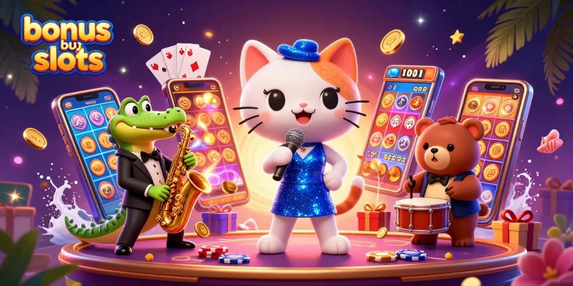 Experience thrilling bonus buy slots action with a jazzy cat singer and casino elements.