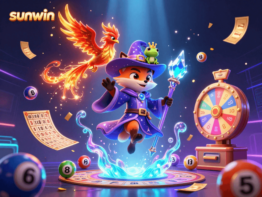 Engage with sunwin as vibrant lottery balls bounce, framed by magic and excitement in this dynamic 3D scene.