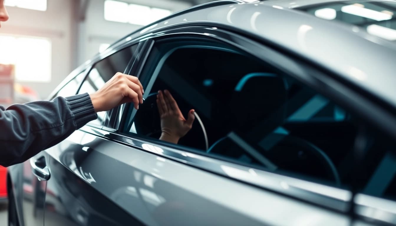Tinting a car window at window tint near me service, highlighting expertise and quality.