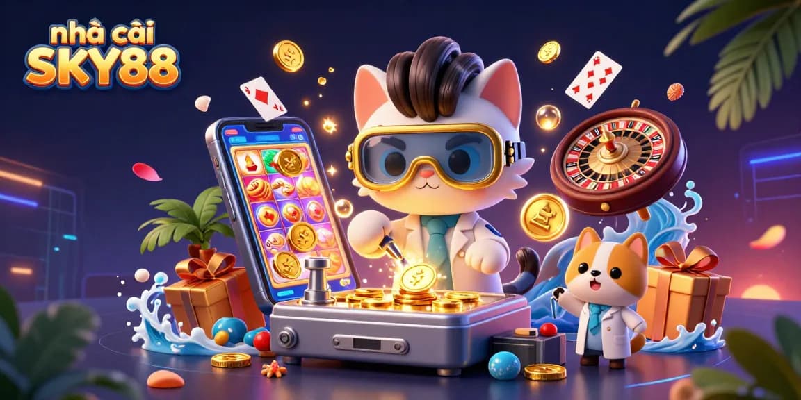Engage with nhà cái SKY88's vibrant casino experience through this dynamic 3D illustration.