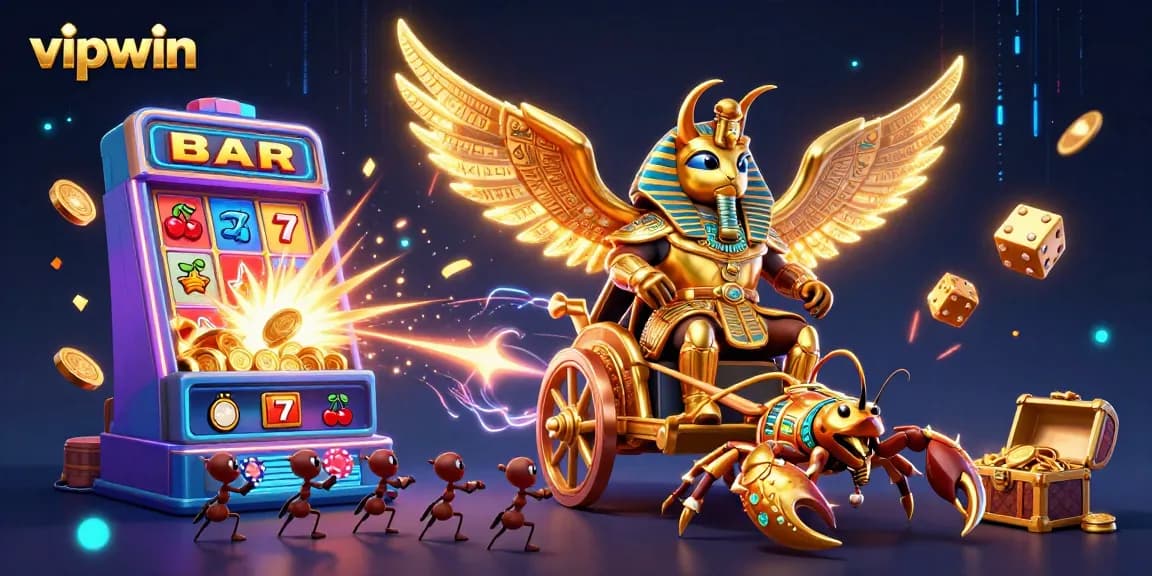 The vibrant scene showcases vipwin with a colossal golden scarab beetle and dynamic casino elements, creating an engaging gambling atmosphere.