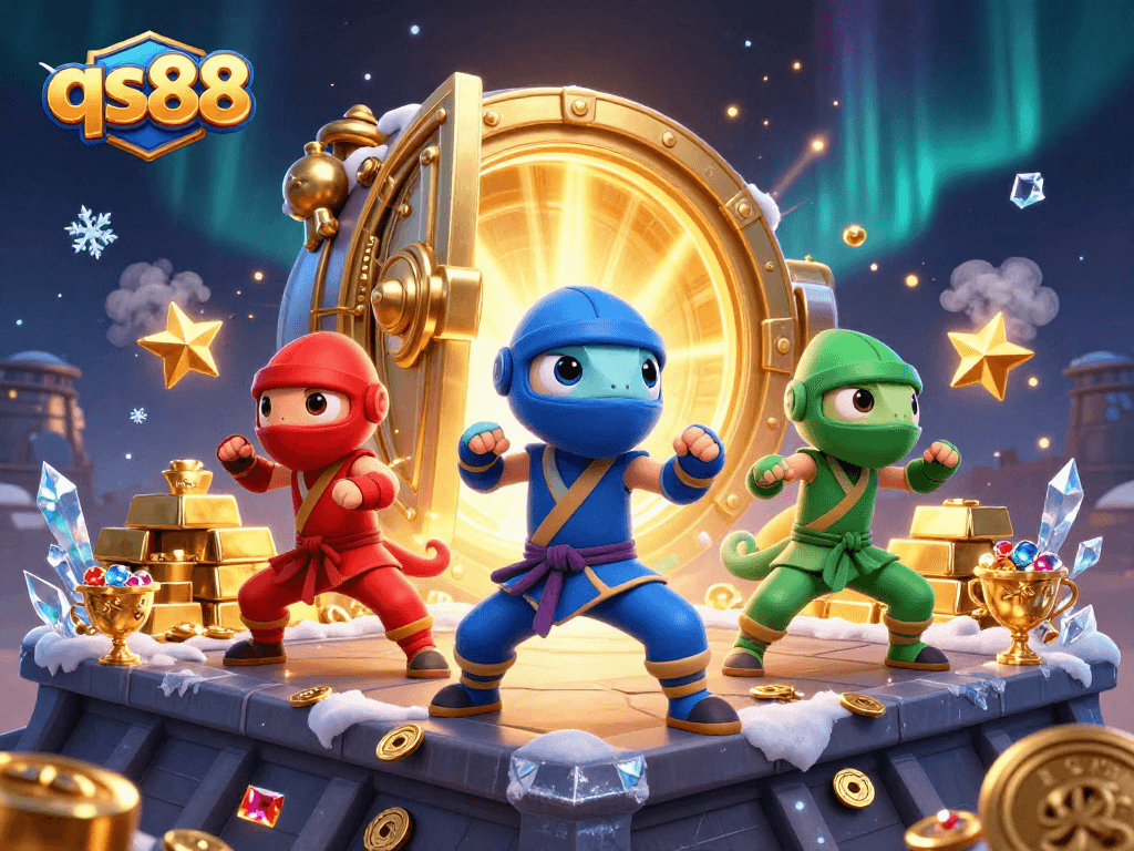 Experience thrilling action with qs88’s ninja chameleons showcasing top-tier martial arts in a dynamic casino scene.