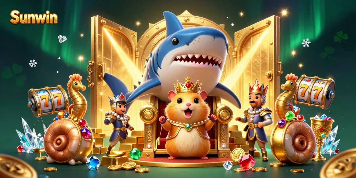 Experience Sunwin's thrilling gaming atmosphere with a golden hamster king and treasure-filled casino scene.
