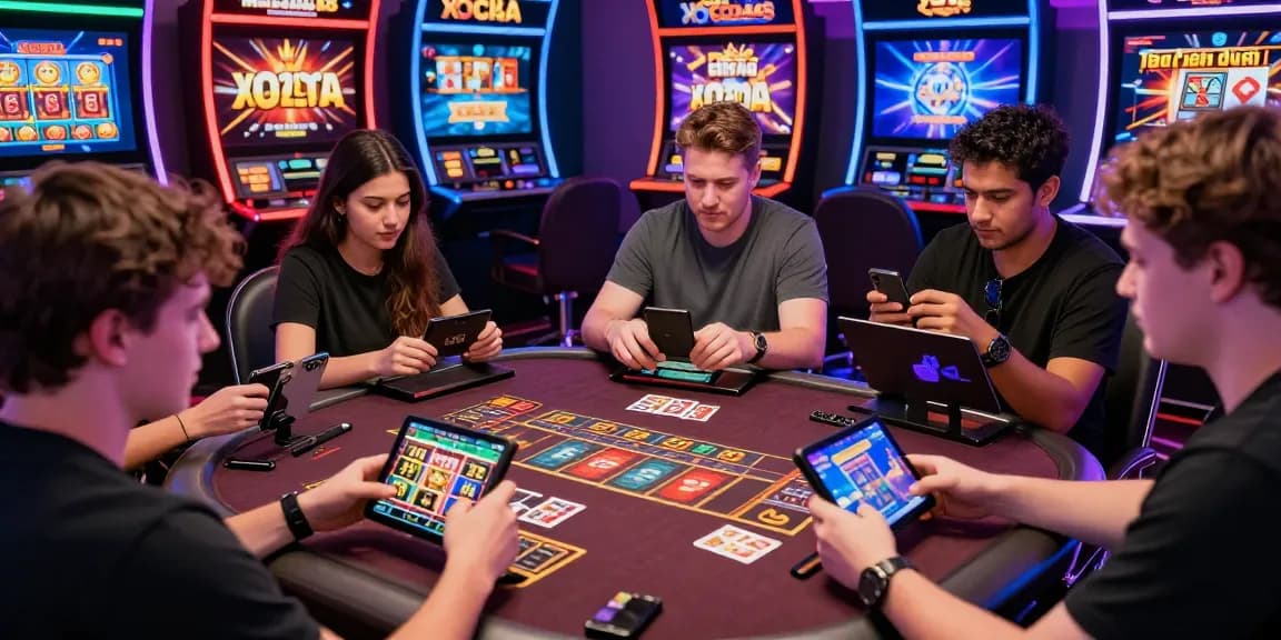Xocdia88 gaming scene showcasing players enjoying thrilling online gambling experiences on mobile devices, vibrant casino atmosphere.