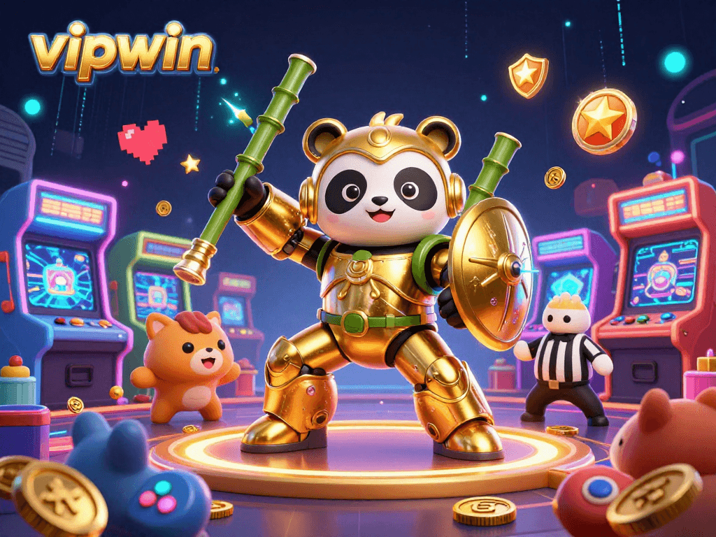 Engaging illustration of vipwin featuring a golden panda in combat, set in a lively casino arena.