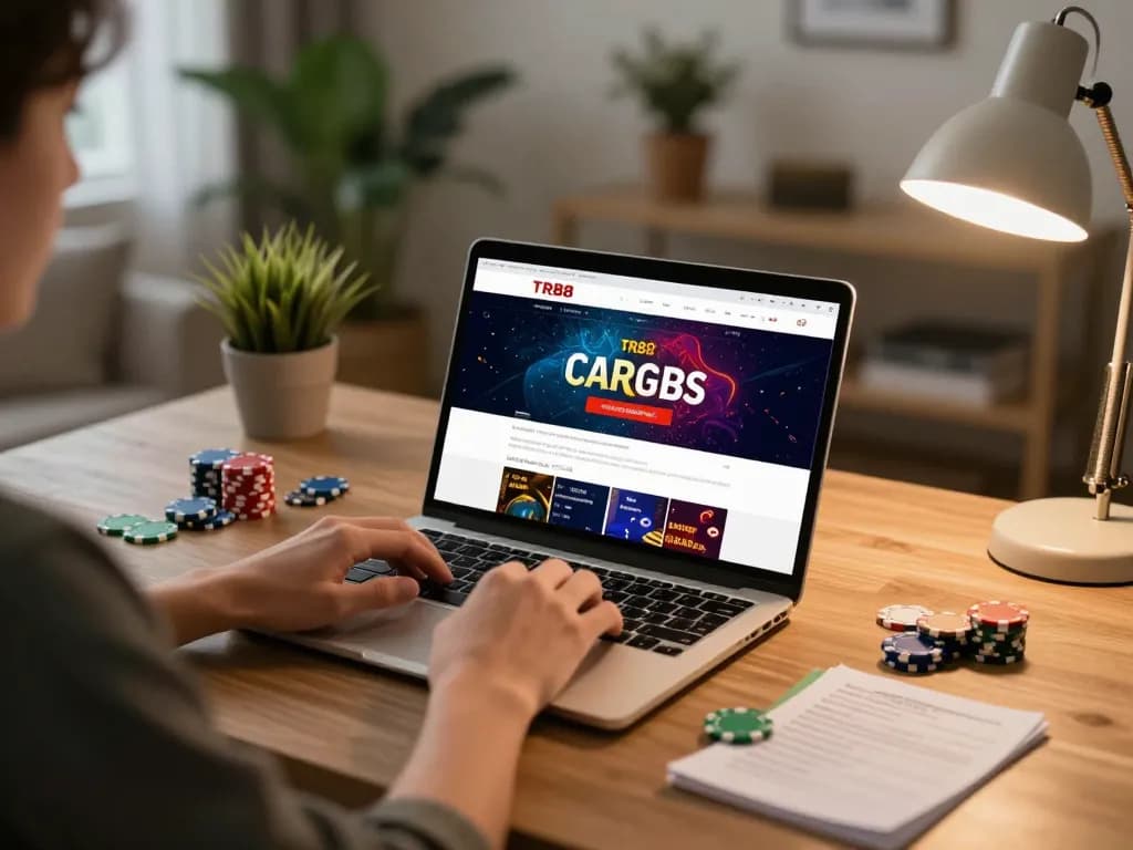 Player engaging in online gaming at TR88 casino, showcasing casino interface and strategy notes in a cozy setup