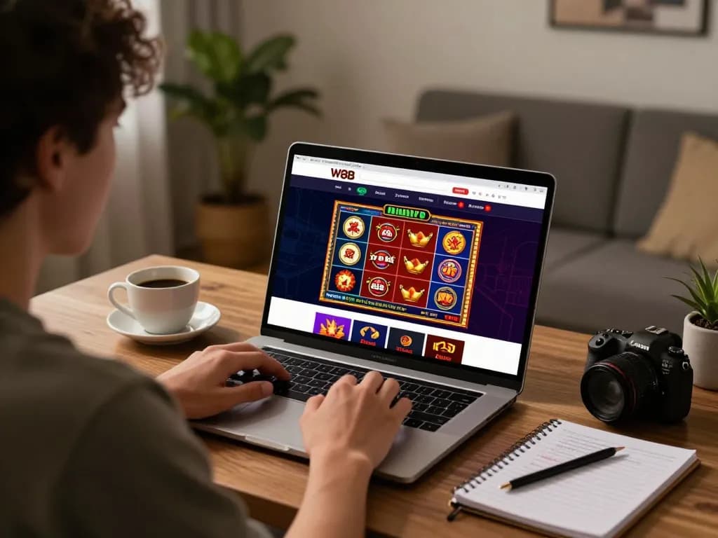Person engaging with link w88 on laptop in cozy home office, focusing on slot games and strategies.