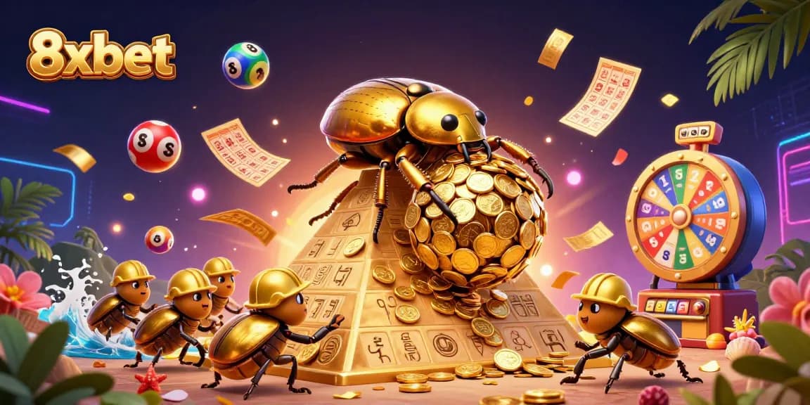 Experience the excitement of 8xbet with dynamic casino elements and colorful lottery symbols.
