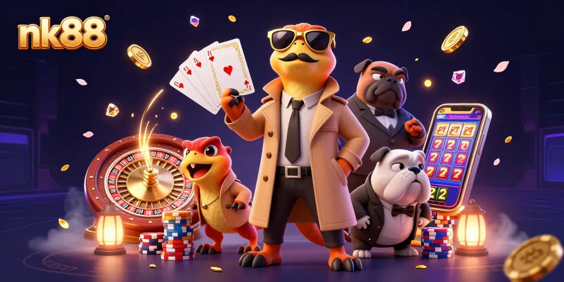 nk88 raptors amusingly entering a VIP casino, surrounded by coins and gems, in vibrant 3D illustration