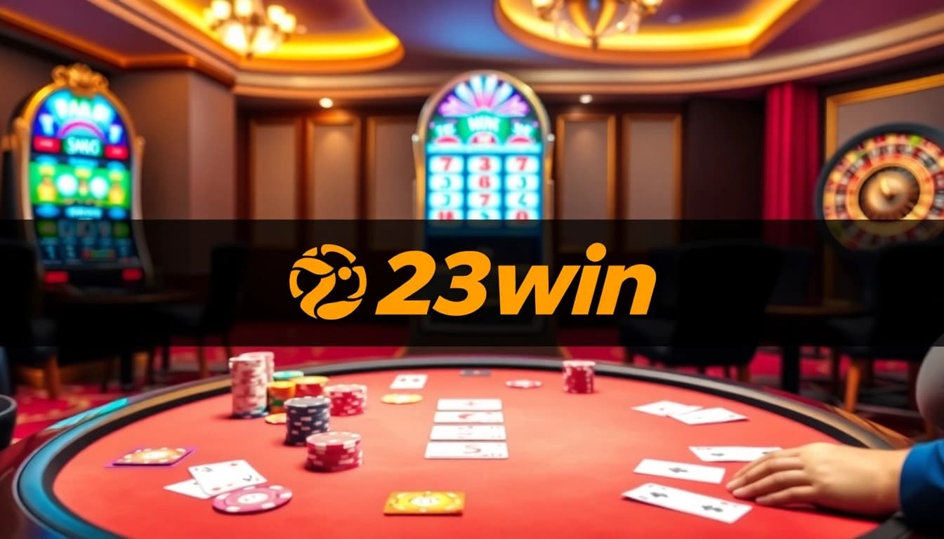 Exciting casino scene with poker chips and a roulette wheel reflecting 23win brand energy