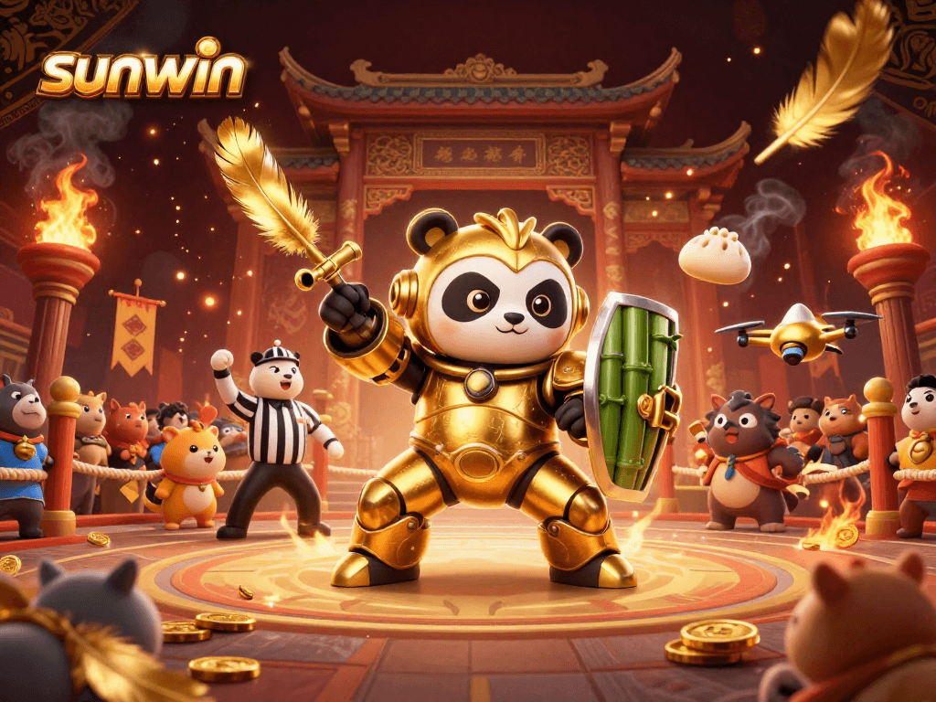 Experience exciting gameplay in sunwin with a vibrant 3D illustration of a mech-suit panda in action.