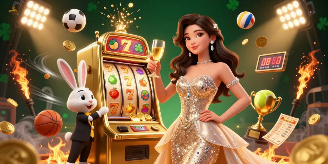 Experience the thrill of sunwin with a glamorous jackpot scene, featuring a celebratory woman and a cartoon bunny croupier.