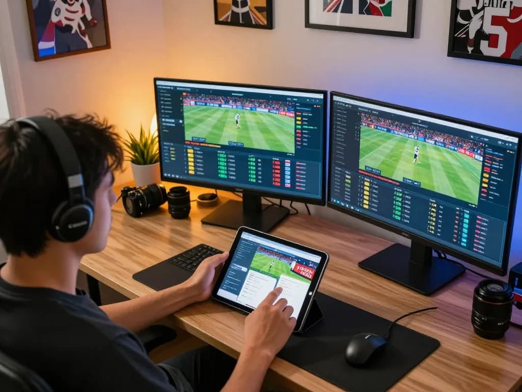 Engaging in live sports betting on multiple screens, showcasing odds and strategy with ga6789 app