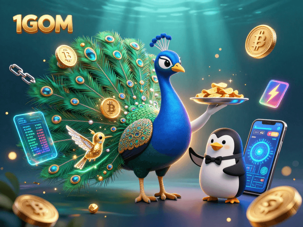 Experience winning strategies with 1GOM in a dynamic gambling environment showcasing vibrant characters and crypto elements.