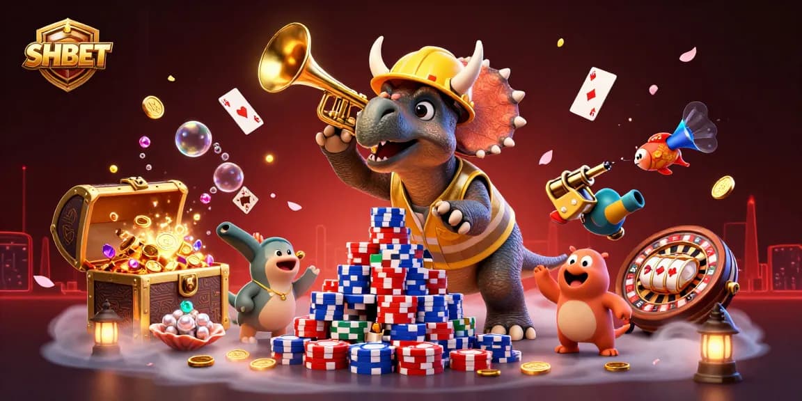 SHBET embraces excitement with playful characters building poker chips and celebrating casino victories.