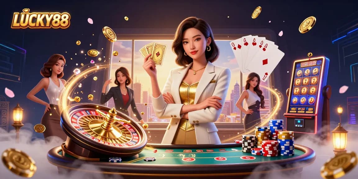 Experience LUCKY88 with a glamorous lady commanding play at a bustling casino atmosphere.