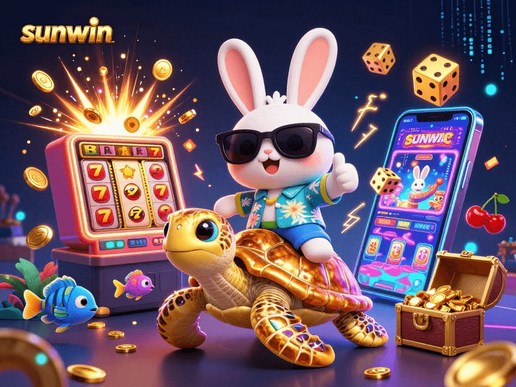 Sunwin jackpot explosion featuring lucky rabbit and sea turtle in vibrant casino scene