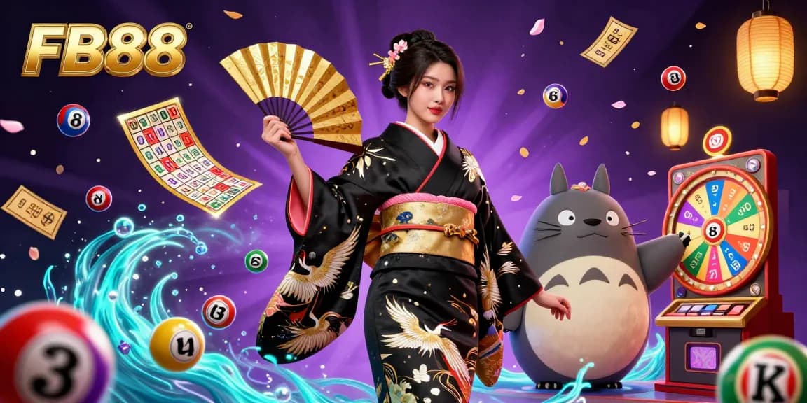 Engage with FB88's vibrant gaming world featuring a beautiful Asian woman and dynamic casino elements.