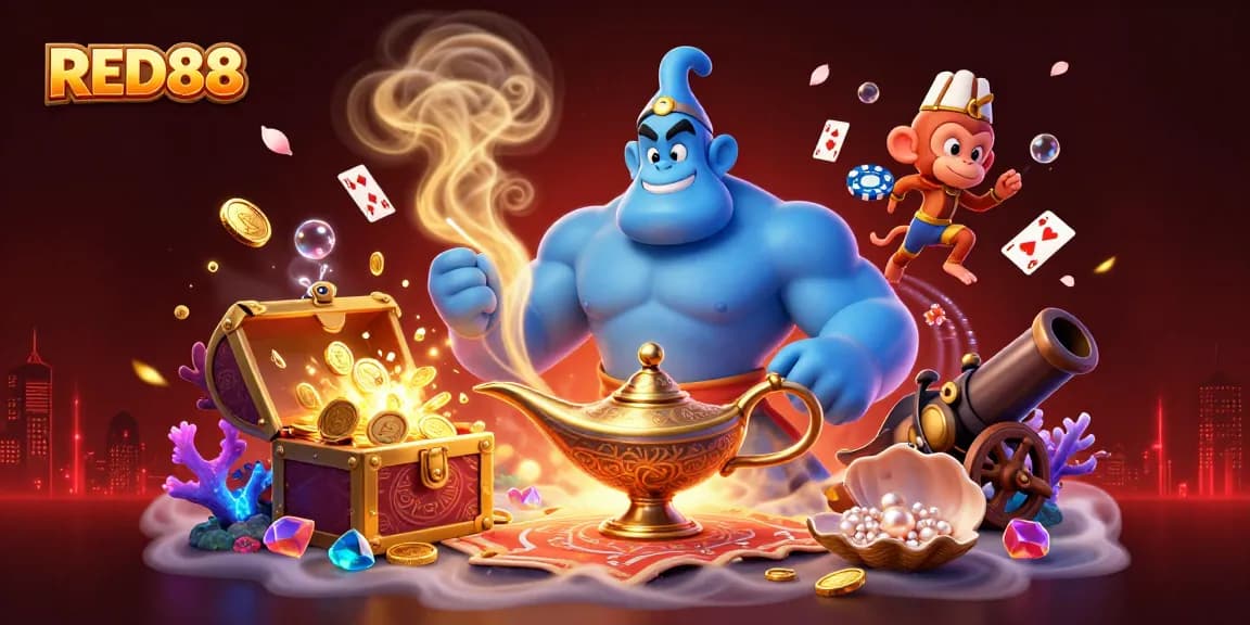 Win big at RED88 with a dynamic illustration of a genie and casino elements bursting with excitement.