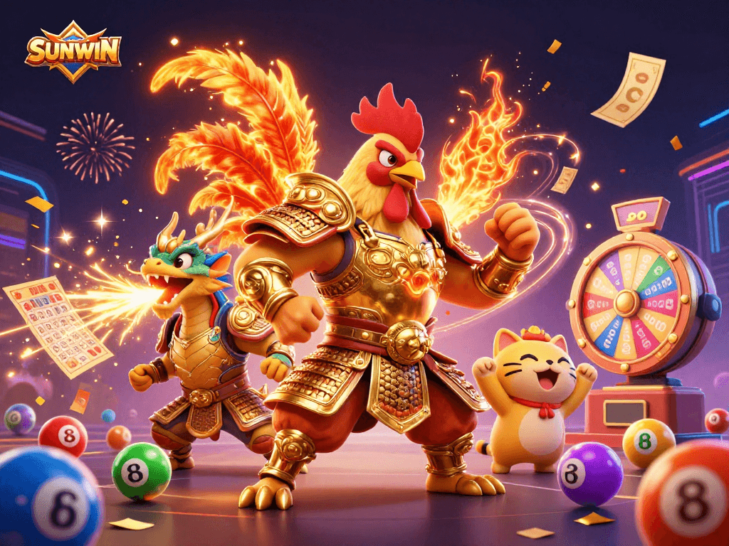 SUNWIN brings excitement to players with a vibrant illustration of a golden samurai rooster and dragon hatchling.