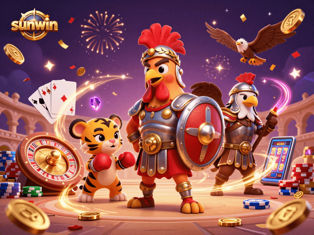 Engage with sunwin's dynamic casino scene featuring a gladiator rooster and vibrant game elements.