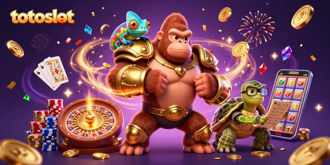 Totoslot engages players with vibrant 3D casino characters amidst cascading coins and colorful poker chips.