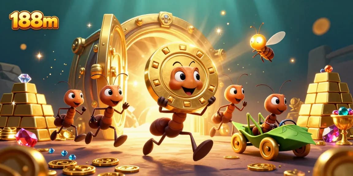 188m's 3D cartoon scene depicts ants running a heist with a golden poker chip amidst riches and vibrant casino elements.