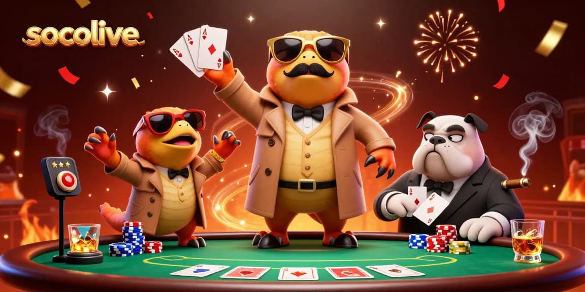 Socolive showcases thrilling poker action with colorful chips as cartoon raptors hilariously disguise themselves.