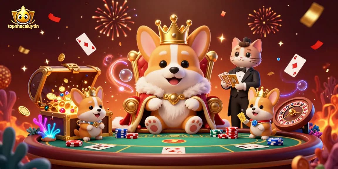 Topnhacaiuytin showcases a festive gambling scene with royal corgi characters, poker elements, and dazzling effects.