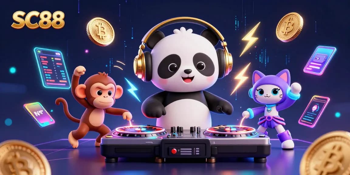 Experience SC88's vibrant casino scene with a DJ panda, breakdancing monkey, and glow-stick kitten.