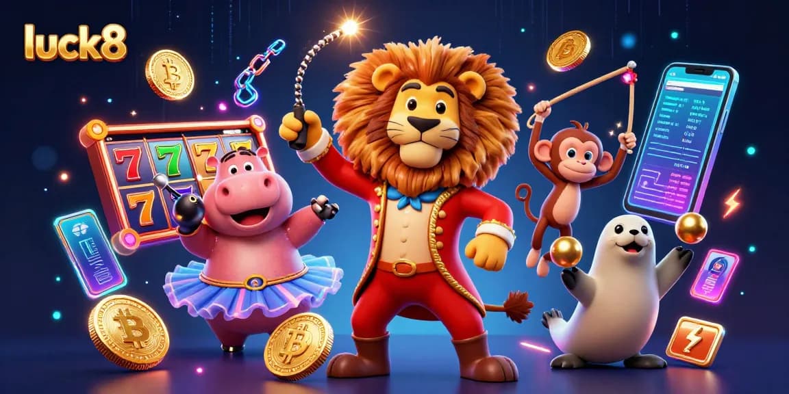 Experience the thrill at luck8 with vibrant slot reels, 3D characters, and immersive casino scenes.