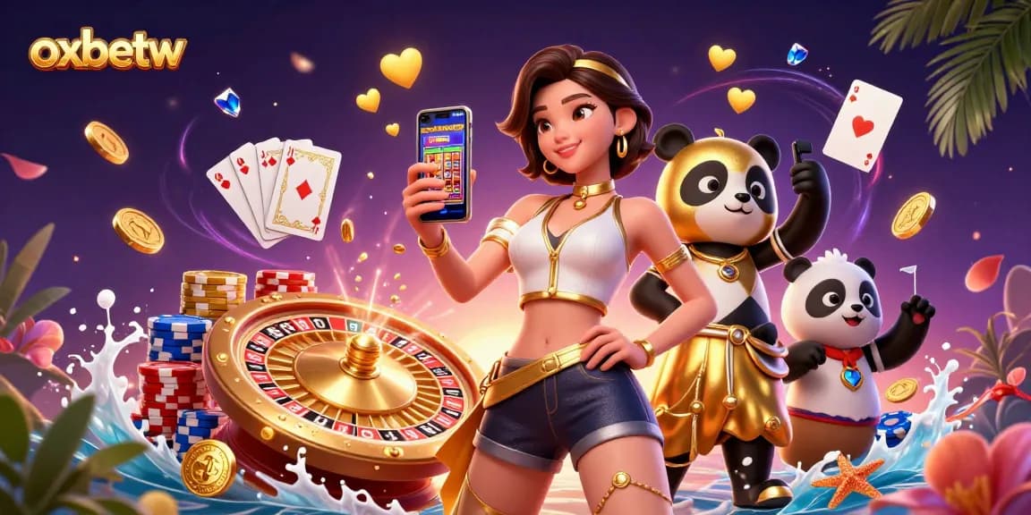 Engaging scene featuring oxbetw with a woman playing a slot game and a panda mascot, overflowing with casino elements.