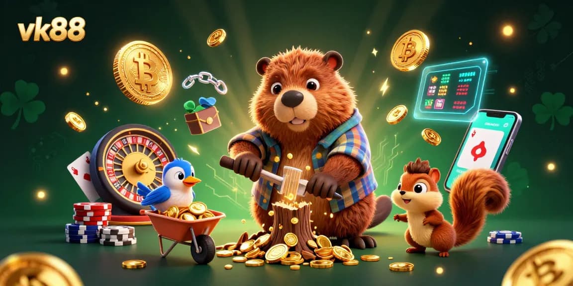 Engage in exciting live casino action at vk88 with our playful beaver character and vibrant gambling elements.