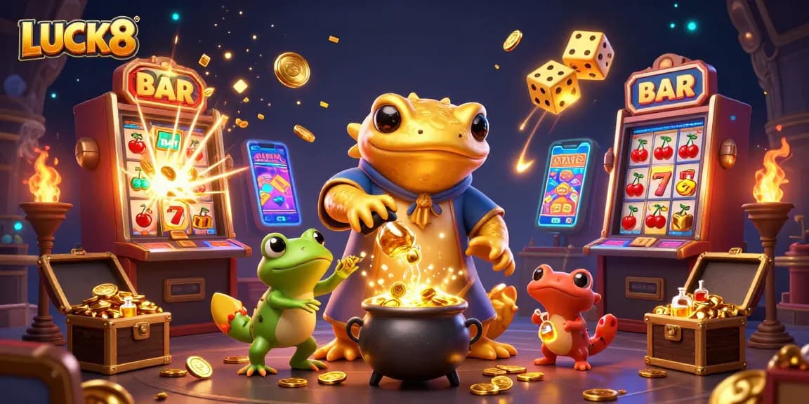 LUCK8 players enjoying gold-filled jackpots with dynamic 3D slot symbols and colorful gaming elements