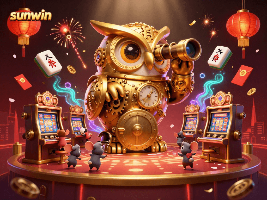 Win exciting prizes at sunwin's vibrant casino with a clockwork owl and lively characters.
