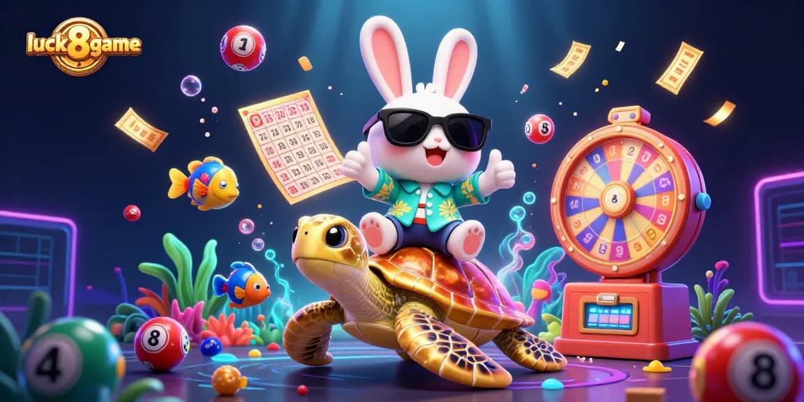 Join the excitement of luck8-game with a lively scene of a lucky rabbit and a golden turtle amidst dynamic lottery elements.