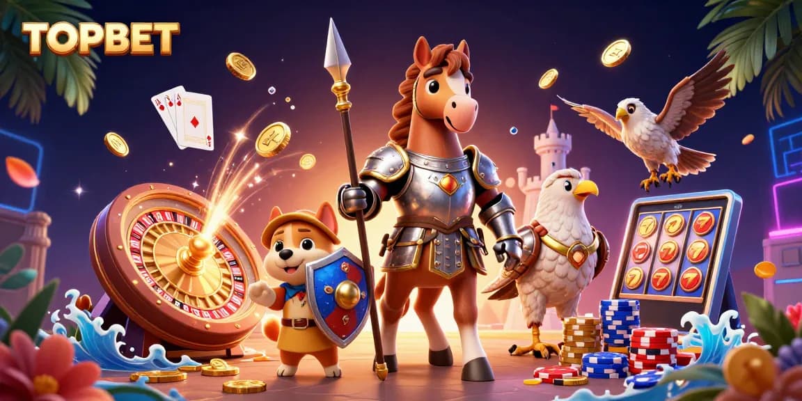 Engage with TOPBET through a vibrant illustration of cartoon characters amidst casino games.