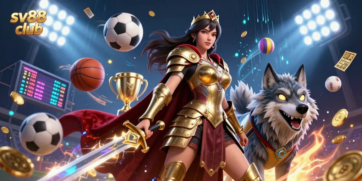 Engage with sv88 club's thrilling scene featuring a warrior queen and an armored wolf in a dynamic casino environment.
