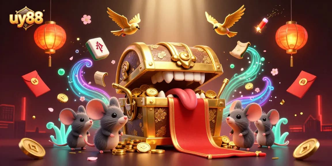 Engage with uy88's thrilling casino scene, featuring a vibrant 3D treasure chest and lively gaming elements.