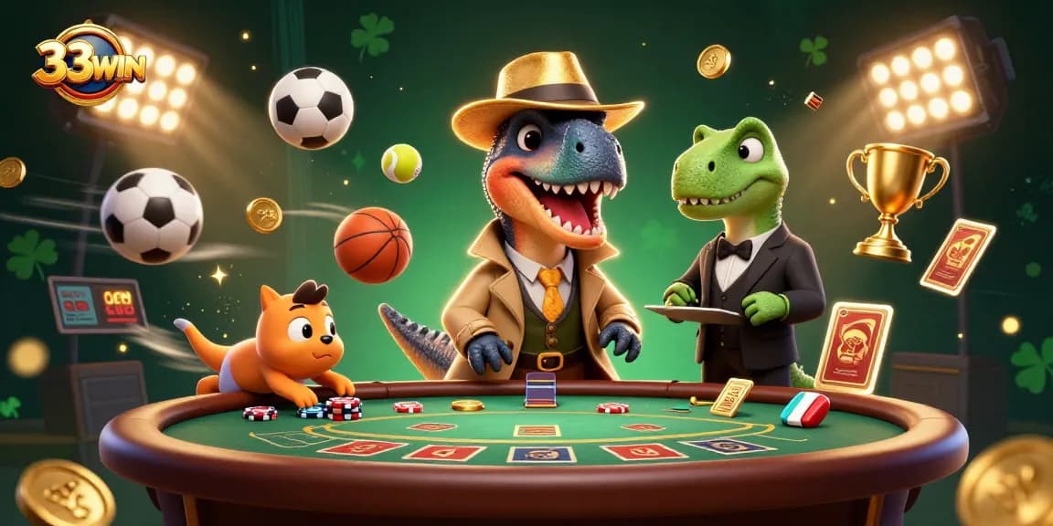 Engage in thrilling games at 33WIN with a velociraptor card counter and friends in a vibrant casino scene.