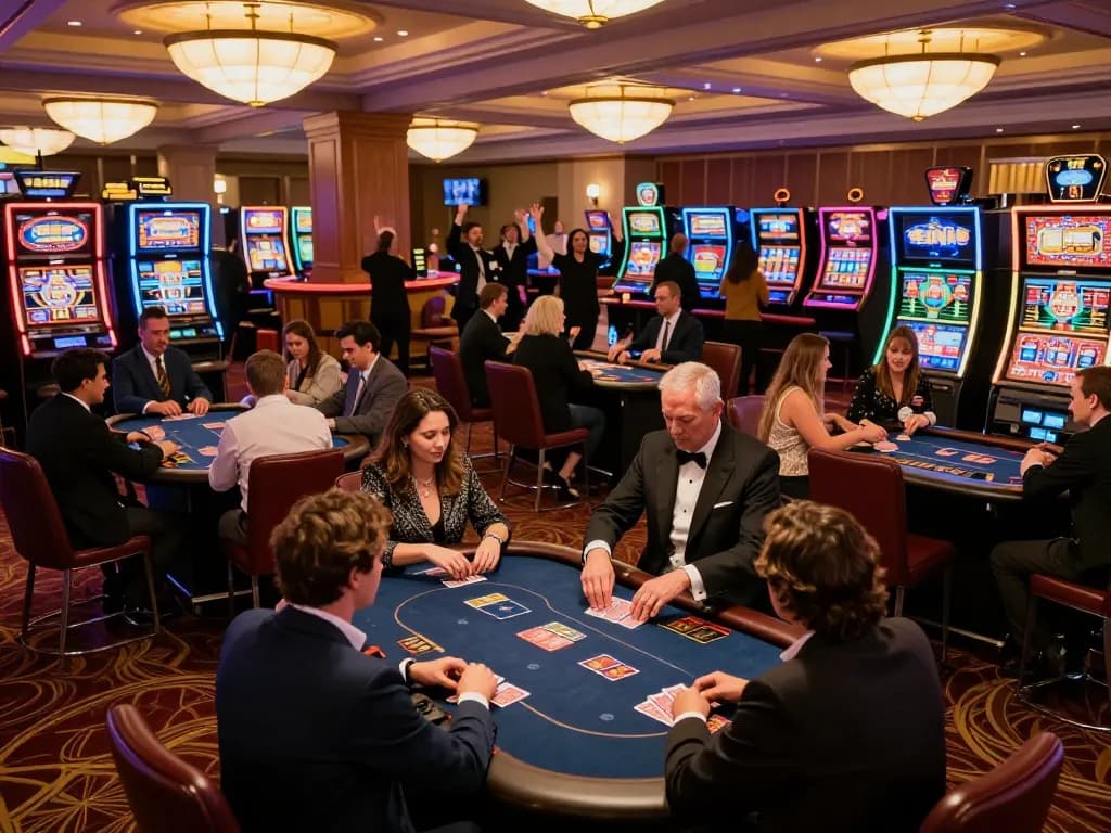 sanclub casino floor view with players enjoying various games and vibrant slot machines