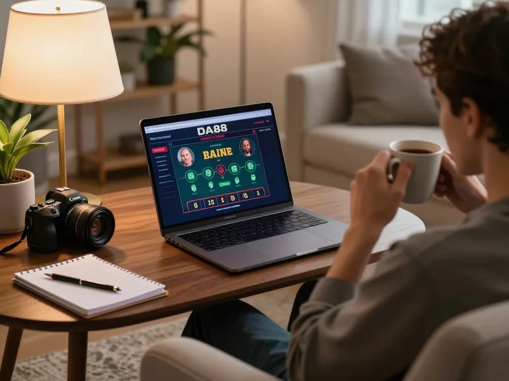 Engaging with DA88 live dealer games on a stylish laptop, emphasizing strategic online betting.