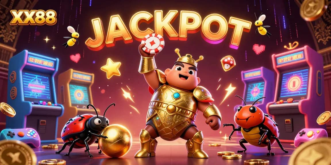 Join the excitement at XX88 with a victorious beetle lifting a poker chip amidst vibrant casino elements.