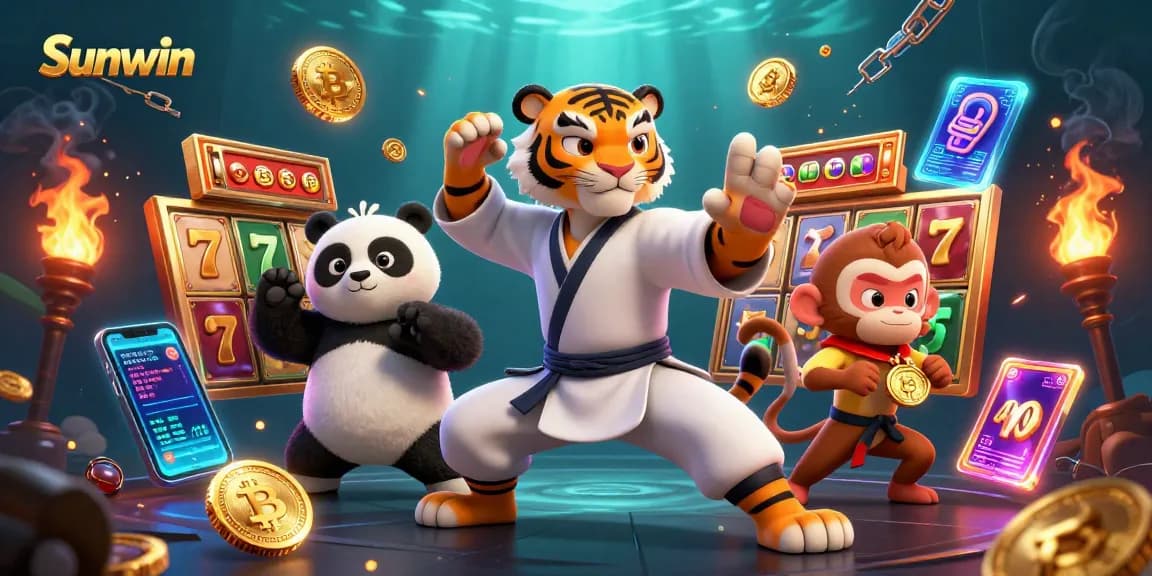 Engage in thrilling gaming adventures with Sunwin, featuring iconic slot reels and dynamic characters.