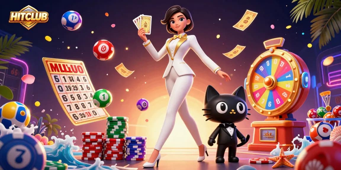 Experience thrilling games at HITCLUB with vibrant lottery balls and festive casino elements.