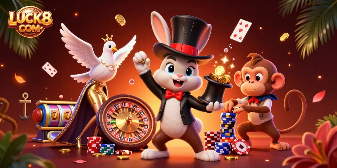 Experience thrilling moments with LUCK8 COM as a magician rabbit brings luck with poker chips and coins!