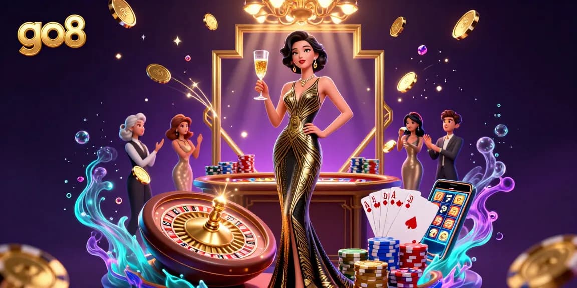 Experience thrilling gameplay with go8 by enjoying a vibrant casino scene featuring a glamorous Asian woman.