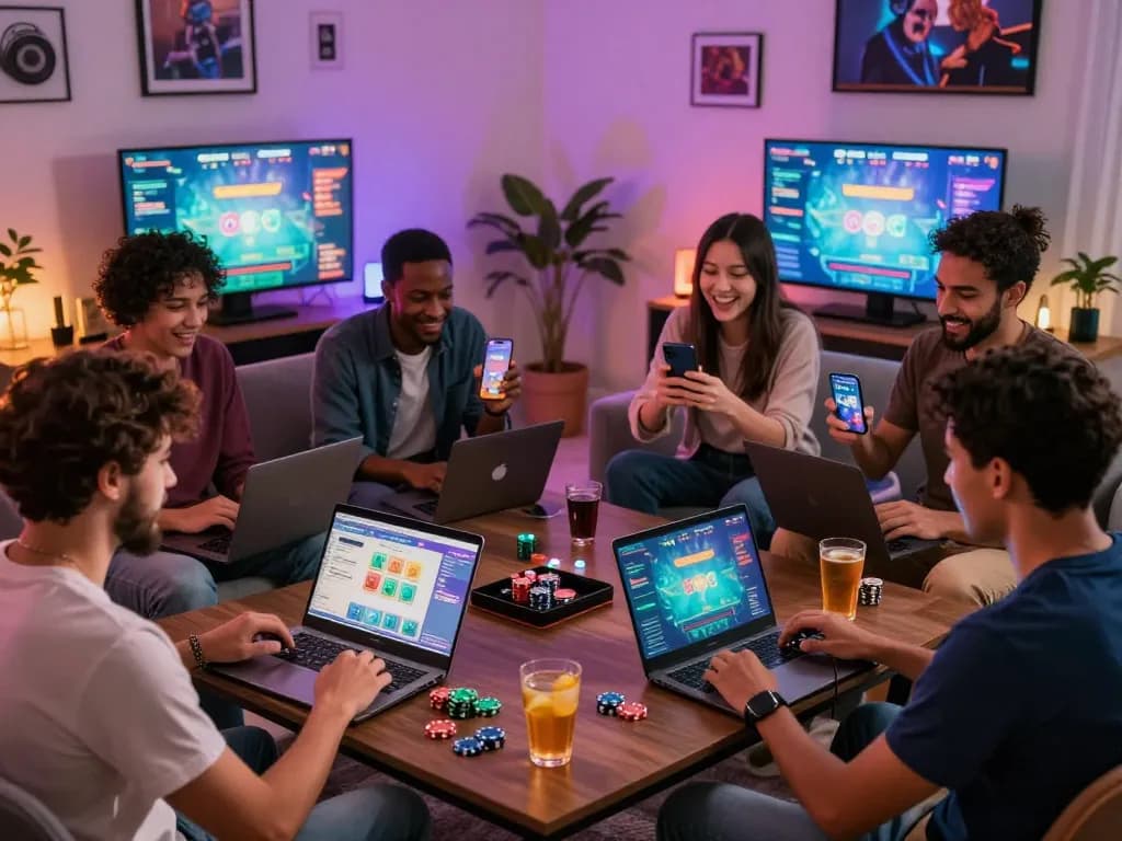 Friends enjoying a lively game of tài xỉu online in a cozy living room with vibrant lighting and gaming devices.