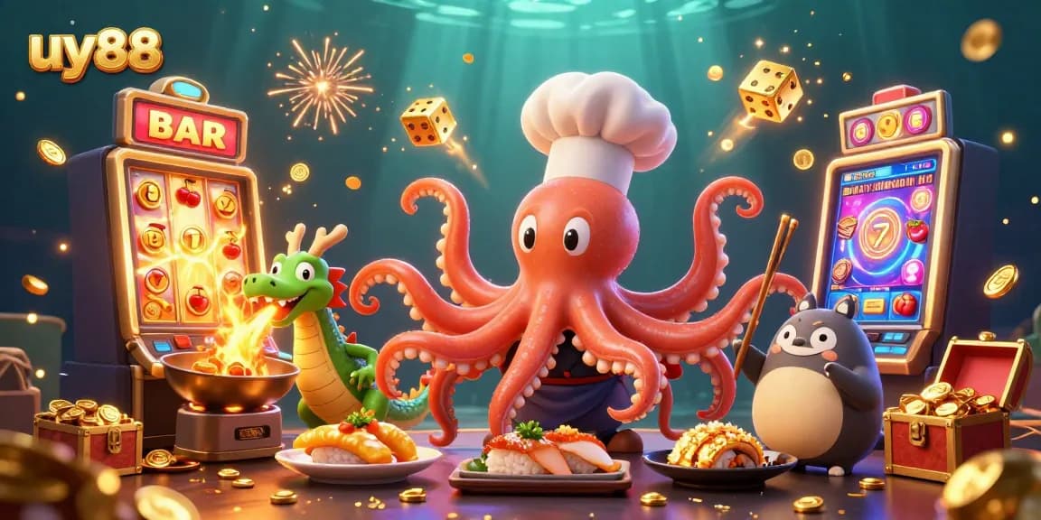 Experience the thrill of uy88 with a vibrant 3D illustration of an octopus chef and gaming elements.